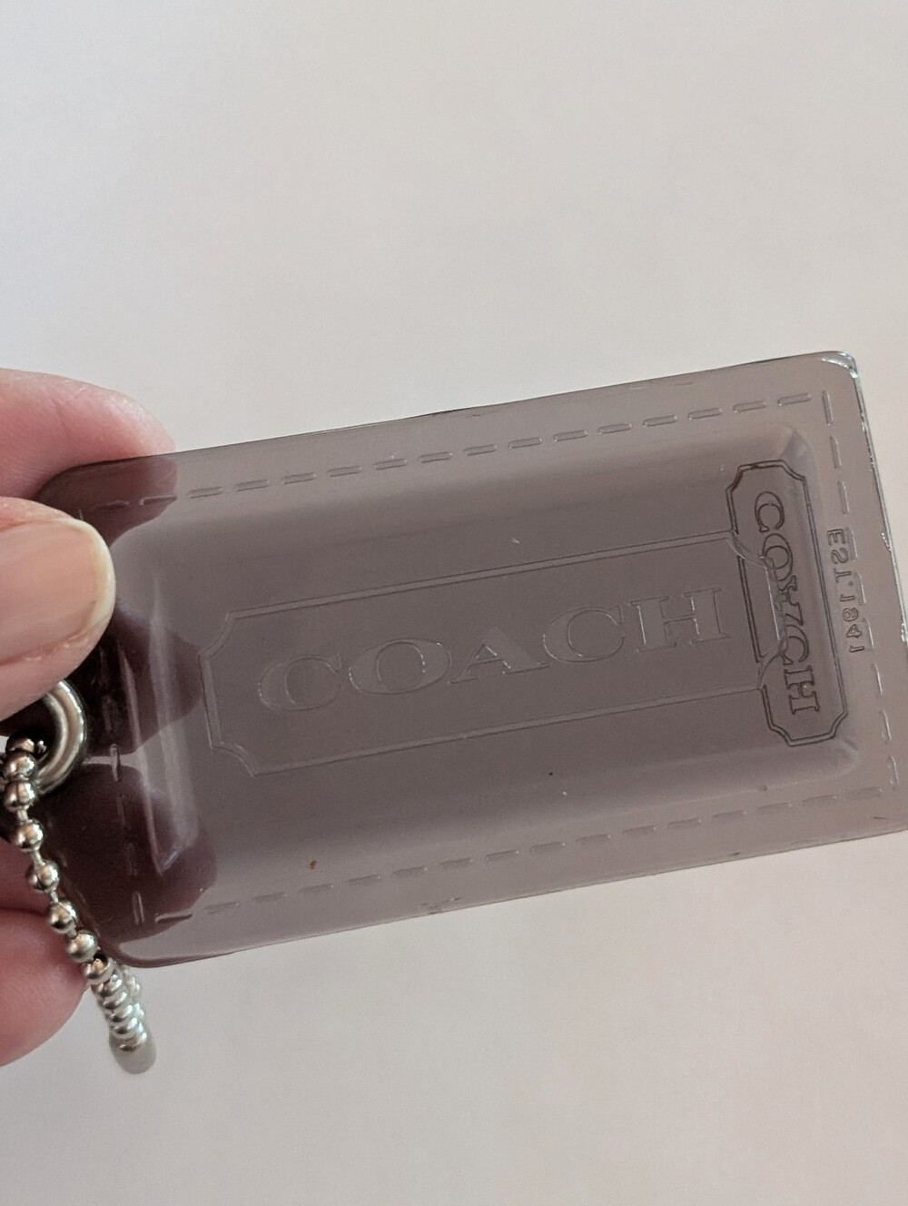 Coach Charcoal Gray Embossed Logo Acrylic 3.5" Key Tag Bag Charm  Ball Chain - Picture 2 of 3